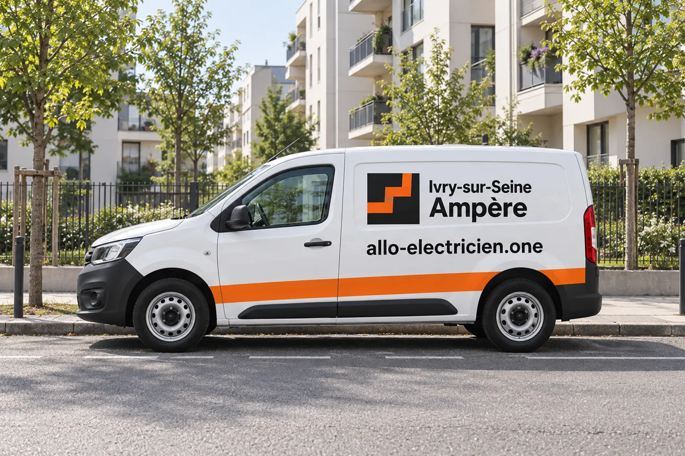 Fourgon blanc Ivry-sur-Seine Ampère marqué allo-electricien.one, garé dans une rue résidentielle d'Ivry-sur-Seine